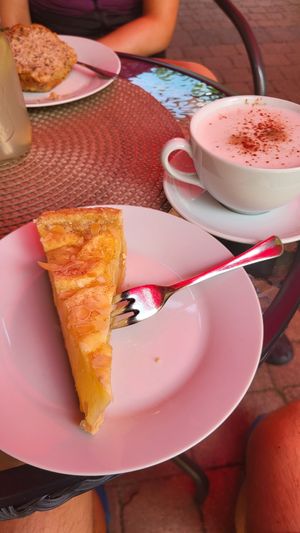 Apple cake and oat milk Cappuccino at Nicole's Café in Wald-michelbach