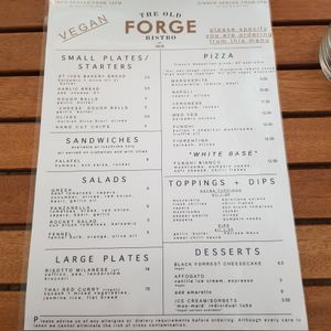 Vegan menu at The Old Forge in Hayle