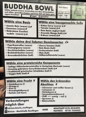 Menu  at Atrium in Reutlingen