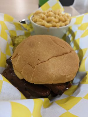 Brisket Sandwich with Macaroni and Cheese Side at Mattie's Foods in Kansas City