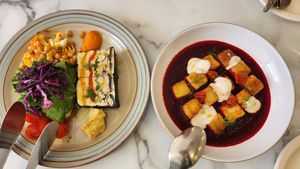 Veggie terrine left, beetroot gnocchi right at local EAT in Seoul