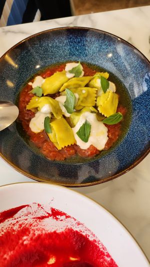 Not on menu I think - ravioli with veggies and walnuts at local EAT in Seoul