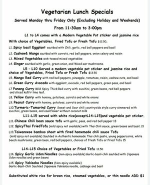 Veggie lunch menu at Golden Triangle Cuisine in Los Gatos