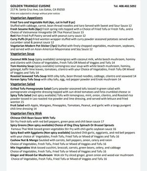 veggie dinner menu 1 at Golden Triangle Cuisine in Los Gatos