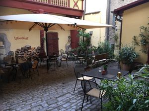 Inner court for dining at Café Lebenslust in Rothenburg Ob Der Tauber