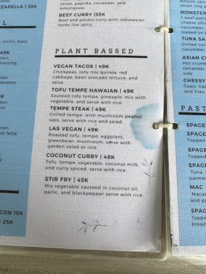 Plant based menu section  at Sunny Cafe in Penida Island