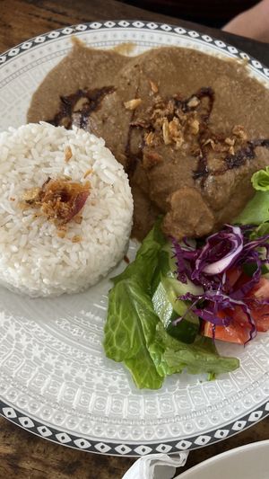 Tempeh steak in mushroom peanut sauce - very good!  at Sunny Cafe in Penida Island