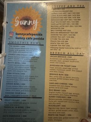 Brunch menu, vegan brekkie   at Sunny Cafe in Penida Island
