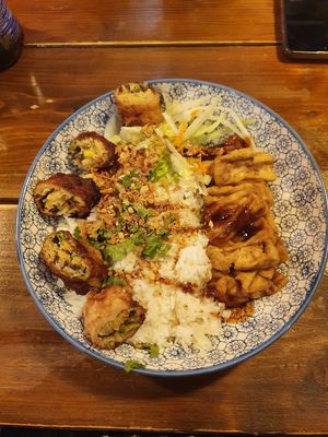 Com Chay - braised tofu served with jasmine rice, fresh salad & herbs, crispy onions and roasted Peanuts at Coto Vietnamese Kitchen in York