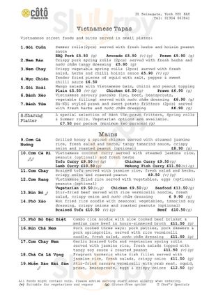 Menu: (V) is suitable for vegetarians and vegans. at Coto Vietnamese Kitchen in York