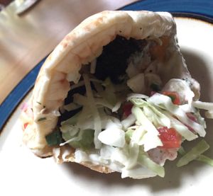The falafel is hiding back there under the really tasty toppings at Garbonzos in Portland