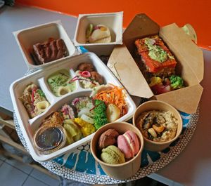 Delivery: Grand Mezze + Macarons + Hummus + Parmentier + Yuzu Tart + Tiramisu at Soya Cantine Bio in Paris