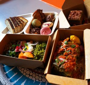 Delivery: Lasagna + Bibimbap + Cookies + Macarons + Foret Noire + Bread at Soya Cantine Bio in Paris