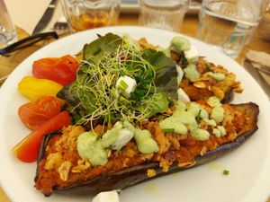 Aubergines farcies at Soya Cantine Bio in Paris
