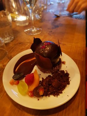 Dessert of the day, hojicha sphere at Soya Cantine Bio in Paris