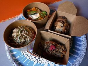Delivery: Bolognese w/konjac noodles, Lasagna, Cookie box and Pumpkin Tart at Soya Cantine Bio in Paris