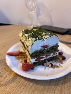 Tiramisu matcha strawberry  at Soya Cantine Bio in Paris