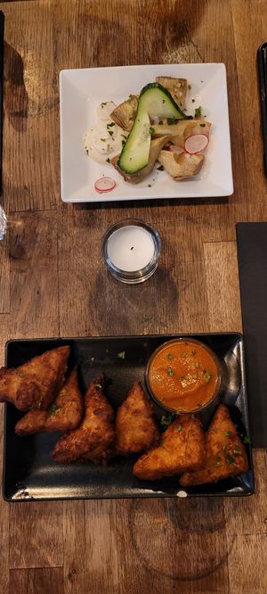 Artichoke (ridiculously tiny!) and tempeh nuggets. at Soya Cantine Bio in Paris