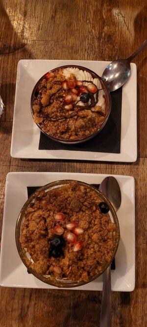 Crumble (down) and verrine (up). at Soya Cantine Bio in Paris