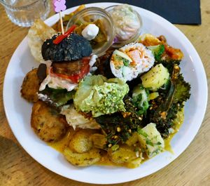 Mix of dishes from the Sunday brunch at Soya Cantine Bio in Paris