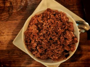  Seasonal fruit crumble

fruit crumble, roasted hazelnuts, vegetable butter, rapadura. at Soya Cantine Bio in Paris