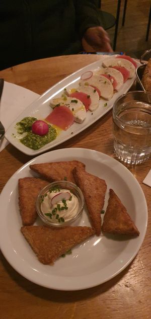 Fried Tempeh, vegan cheese starters at Soya Cantine Bio in Paris
