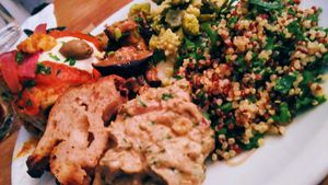 Lunch buffet plate at Soya Cantine Bio in Paris