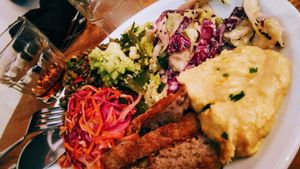 Lunch buffet plate at Soya Cantine Bio in Paris