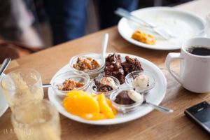Vegan cake selection at all you can eat weekend brunch at Soya Cantine Bio in Paris
