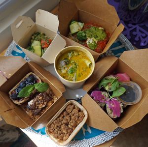 Delivery!! Lasagna + Makis + Curry + Crumble + Blueberry Tart at Soya Cantine Bio in Paris