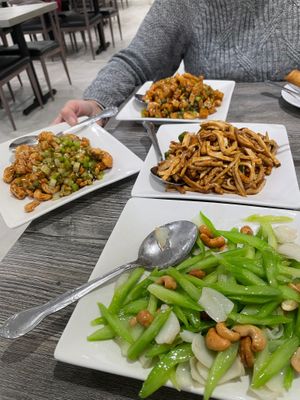 lily bulb with celery, cashew chicken & shrimp, and pork with bean curd  at House of Fortune in Rowland Heights
