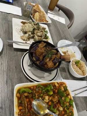 Vegan Meat Pancake, crispy mushrooms, eggplant & tofu pot, and vegan fish is amazing!  at House of Fortune in Rowland Heights