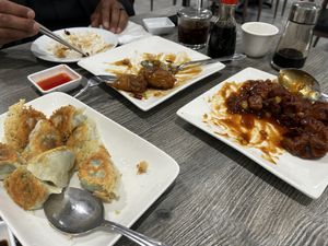 Pot-sticks, general tso and orange “chicken"  at House of Fortune in Rowland Heights