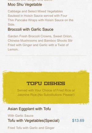 Here are the tofu options on the menu but we have replaced other meat options on the menu with tofu! at Hing Ta in Rocky Mount