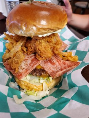 Thick Ass burger. Has shrimp on it too! at Badass Burgers in Honolulu