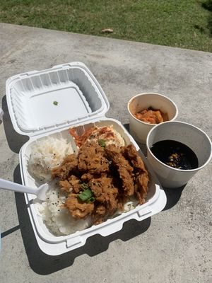 Sweet Korean Fried Chick’N w/ extra kimchi & sauce on the side  at Badass Burgers in Honolulu