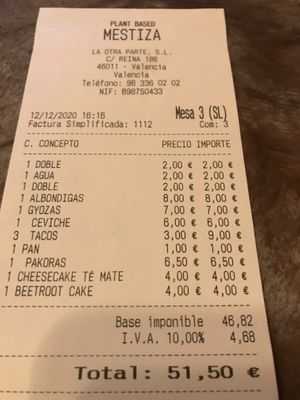 Cuenta para tres personas  at MESTIZA in Valencia