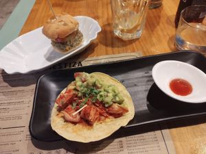 Mini jackfruit taco and mini hamburger. Taco especially was very tasty at MESTIZA in Valencia