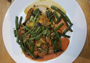 Quinoa cake with Thai curry sauces  at Blue Mountain Vegan in South East London