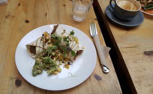 Burrito and oat milk latte at Blue Mountain Vegan in South East London