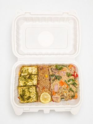 Italian-inspired vegan bowl with creamy herb white sauce, sautéed veggies, basil tofu & wholesome grains. High-protein, preservative-free & light. at Tralata in Mumbai