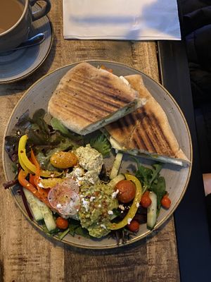 Red pepper and halloumi and green pesto with a ton of salad at Utopia in Inverness