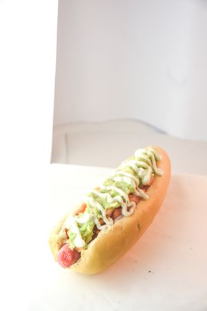 El completo italiano esta hecho a base de pan, salchicha vegetal, palta, tomate y veganesa (mayonesa). at Hara Vegan Food in Lima