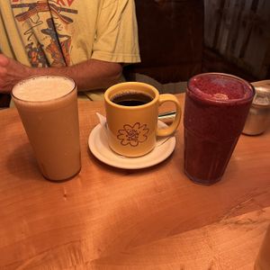 Banana milk no honey, black coffee, blueberry smoothie  at The Yellow Deli in Chilliwack