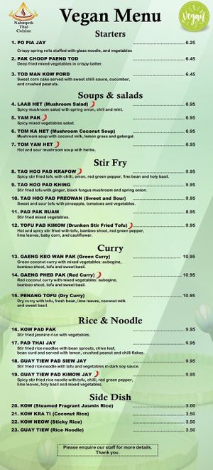 Menu at Nahm Prik Thai Cuisine in Altrincham