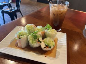 Fresh rolls and Thai tea with soy milk  at Chai Yo Thai Vegetarian in San Mateo