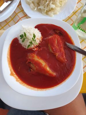 Stuffed paprika with rice and tomato sauce at Arcadia Restaurant in Abrahamhegy