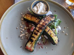Vegan courgette, vegan feta, crushed nuts and salad at The Dunvegan in Isle Of Skye