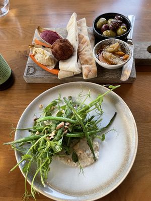 Mezze plate and string beans with pea shoots and almond cream    at The Dunvegan in Isle Of Skye