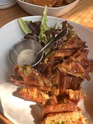 Vegan cheesey waffle with vegan ranch   at Roots Inn & Kitchen in Sister Bay